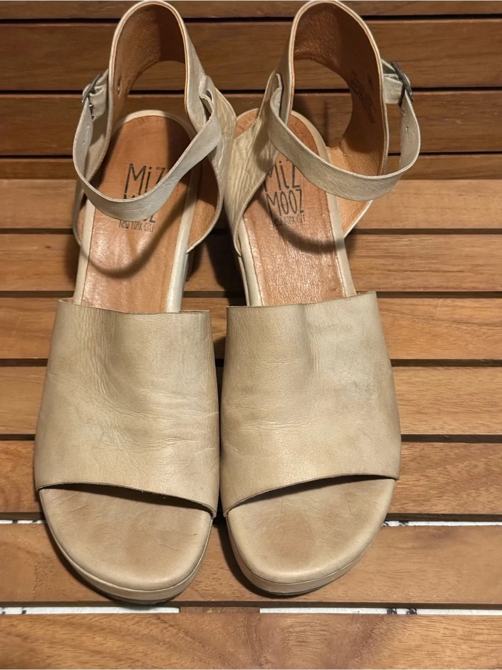 Miz Mooz Gia Cream Leather Ankle-Strap Block Heel Sandals